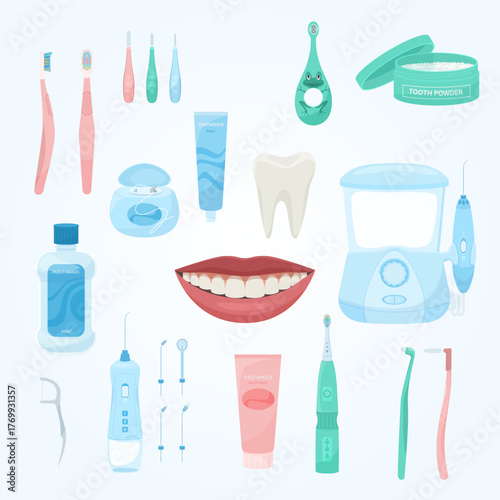 Flat Dental Care and Oral Hygiene Product Set Illustration