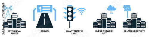 Set smart city icon vector. A collection for urban tech, digital services, and intelligent infrastructure. Perfect for UI, UX design related to modern city management.
