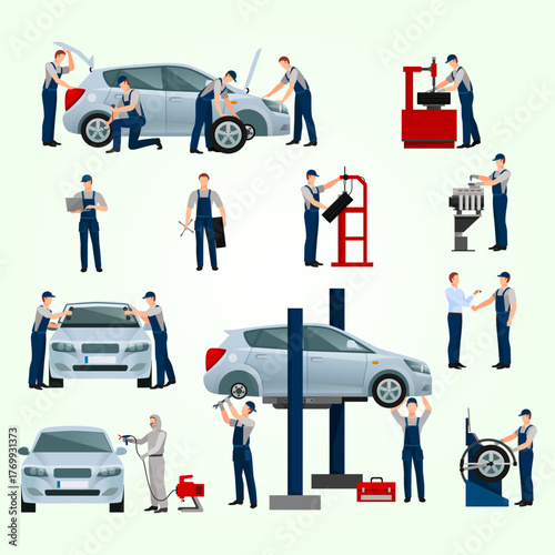 Flat Style Set Of Repair Car Service and Maintenance Illustration