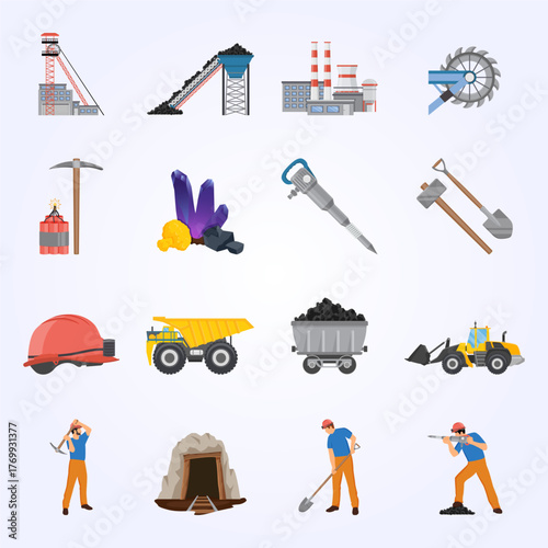 Flat Style Detailed Coal Mining Operation Element and Worker Illustration