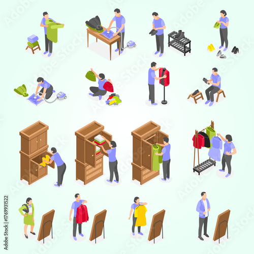 Isometric People Wardrobe Activities Dress Up Closet Ironing Shoe Rack