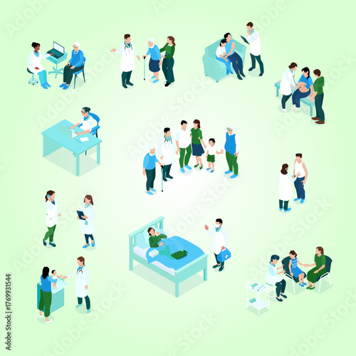 Isometric Healthcare Illustration of Doctor Patient Consultation and Medical Examination
