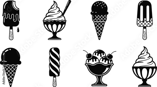 Ice cream vector illustration, popsicle drawing, sundae sketch, waffle cone outline, dessert clipart, frozen treat graphic, soft serve bowl, summer sweet design