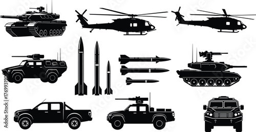 Military vehicles, tanks, helicopters, missiles, bombs, armored trucks, war equipment, defense weapons, combat silhouettes, army transport, battlefield icons, security