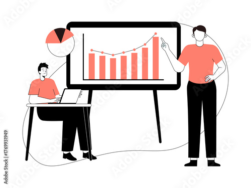 Male office employee standing in front of a presentation and his male office mate sitting while taking important notes on his laptop. Business leadership illustration. Flat vector illustration.