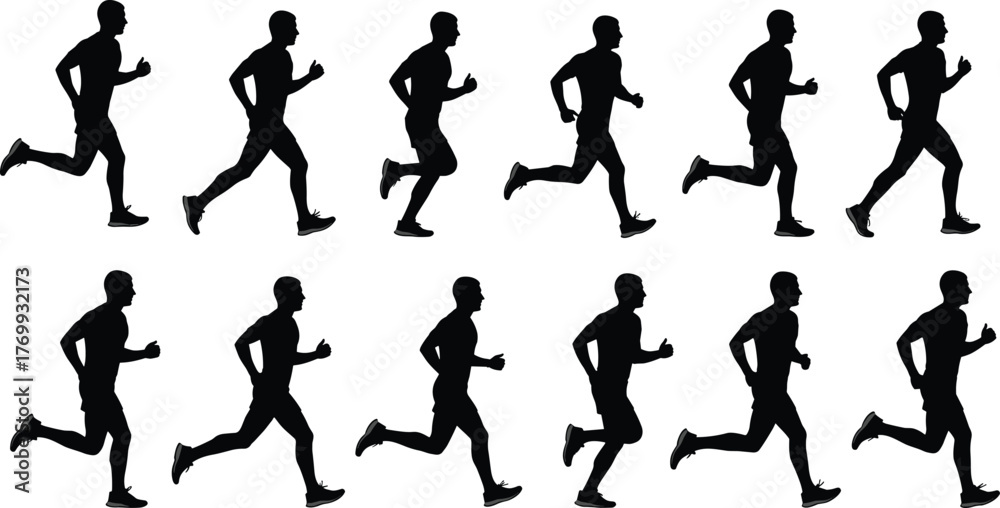 Naklejka premium Running silhouette sequence, human motion cycle, athletic stride illustration, biomechanics study, sports training concept, fitness exercise, animation reference, physical therapy diagram