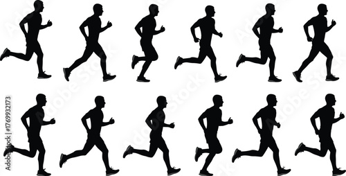 Running silhouette sequence, human motion cycle, athletic stride illustration, biomechanics study, sports training concept, fitness exercise, animation reference, physical therapy diagram