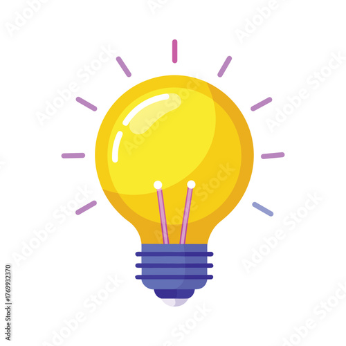 A glowing yellow light bulb with purple rays emanating from it, , symbolizes a bright idea or innovation in a simple design