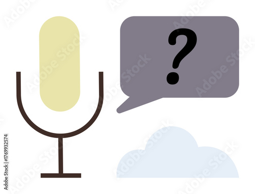 Microphone suggests voice recording, speech bubble with question mark indicates inquiry, and cloud symbolizes cloud storage or digital communication. Ideal for podcasting, QA, communication