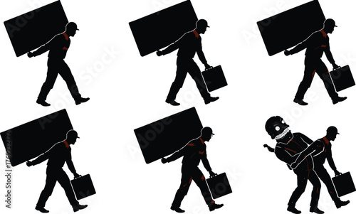 Silhouette man walking carrying burden, business stress metaphor, heavy load responsibility, corporate pressure, hidden danger, workplace anxiety, surreal illustration, concept art