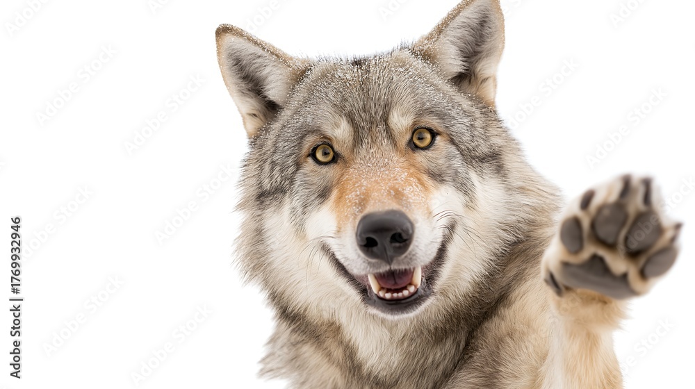 Fototapeta premium Eurasian wolf, Canis lupus lupus smiling and giving a high five isolated on whit