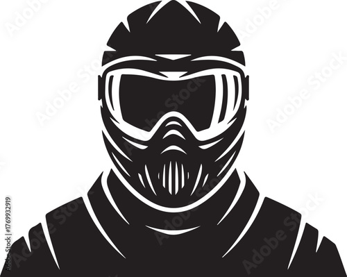 Black and white graphic illustration of a person wearing a helmet and goggles vector