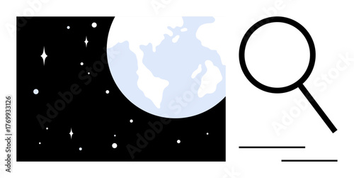 Earth in space surrounded by stars with magnifying glass symbolizing research, discovery, analysis. Ideal for science, exploration, technology, global study, innovation, data analysis geography
