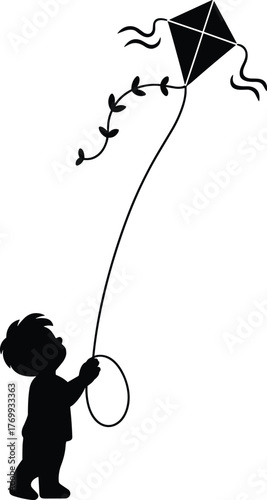 Silhouette of happy child flying kite alone outdoors, enjoying windy day, childhood freedom, outdoor fun, playing, sky, happiness, breeze