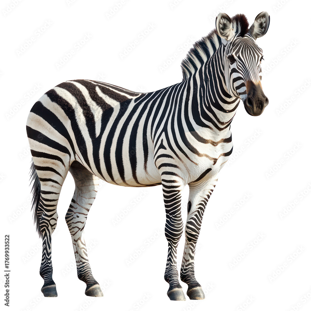 Fototapeta premium Zebra standing A zebra stands tall with its head high and ears perked. full length isolate on transparent background