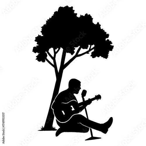 Silhouette of guitarist sitting under tree – calm music mood vector with transparent background 