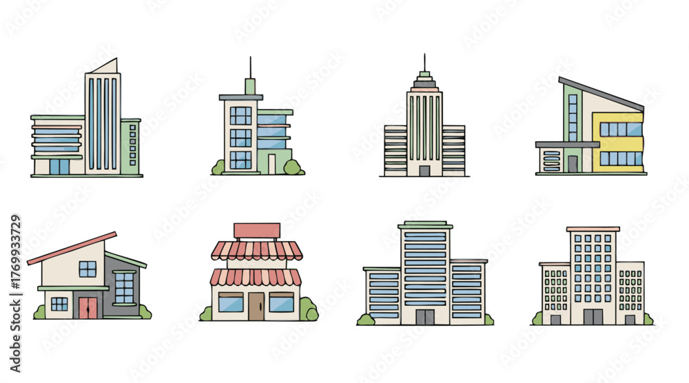 Fototapeta premium Diverse collection of vector line art building icons. Includes commercial, residential, and institutional architecture in a friendly, muted color palette.