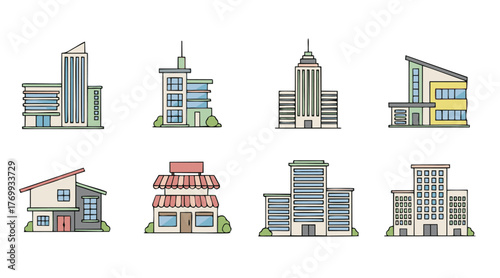 Diverse collection of vector line art building icons. Includes commercial, residential, and institutional architecture in a friendly, muted color palette.