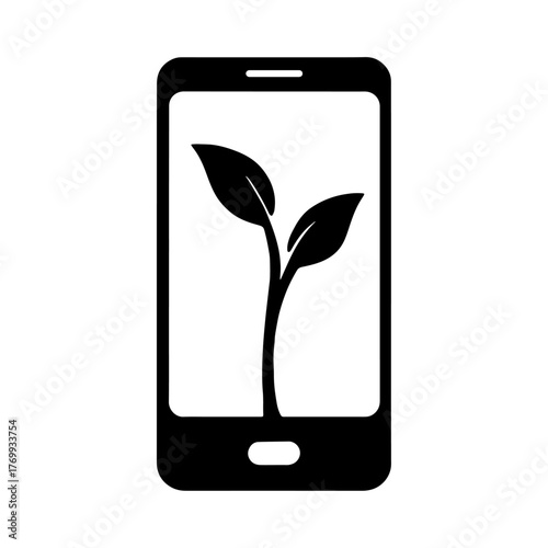 Silhouette of mobile phone with growing plant – eco-technology logo vector with transparent background 