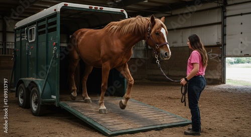 Attentive young woman gently leads a strong horse from a trailer bathed in soft natural light. AI Generated