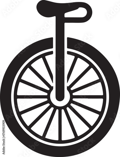 Black and white minimalist icon of a unicycle with a spoked wheel and saddle single wheel