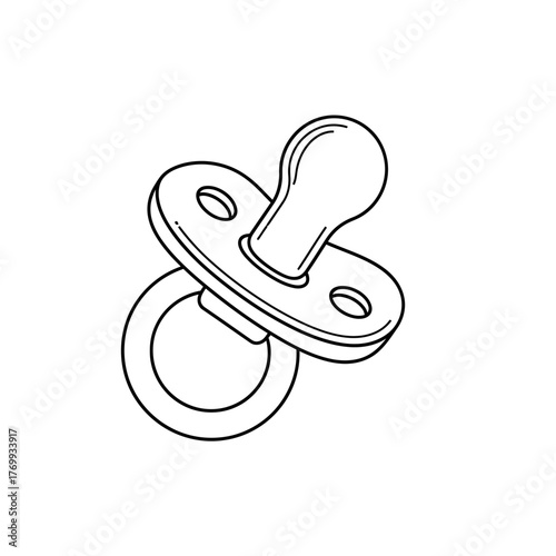 Outline Baby Pacifier or Dummy Icon. Simple line art drawing of a soother for infants. Concept of newborn, childcare, and comfort.