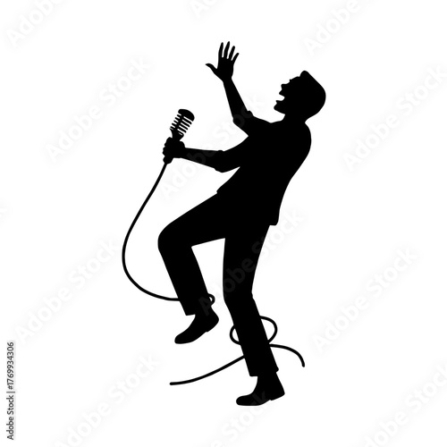 Silhouette of singer tangled in mic wire – funny realistic scene vector with transparent background