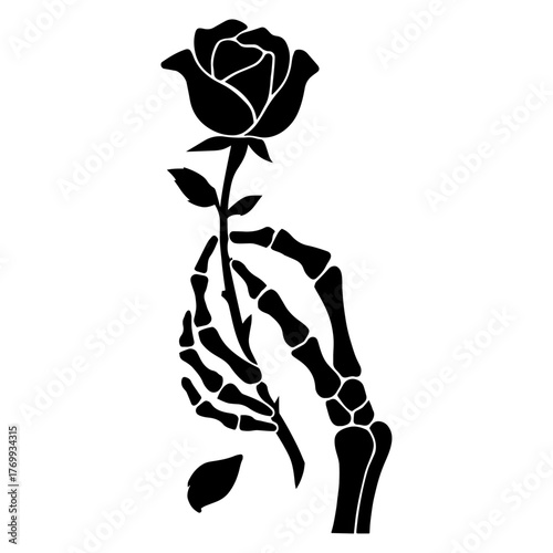 silhouette of Skeleton hand holding rose silhouette – love beyond time vector with transparent background