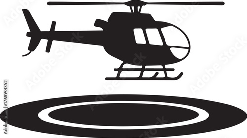 Black and white silhouette icon of a helicopter landing on a helipad vector