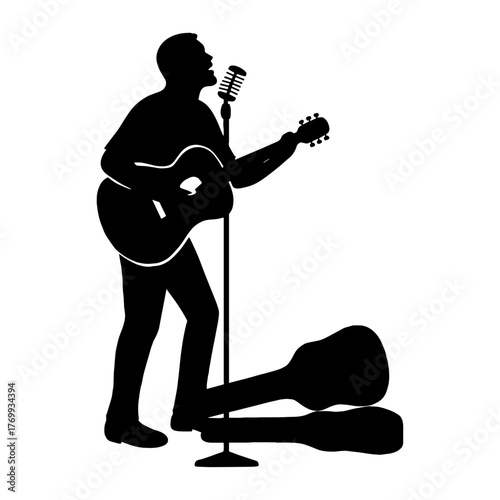 Silhouette of street singer with guitar case open – busking art concept vector with transparent background 