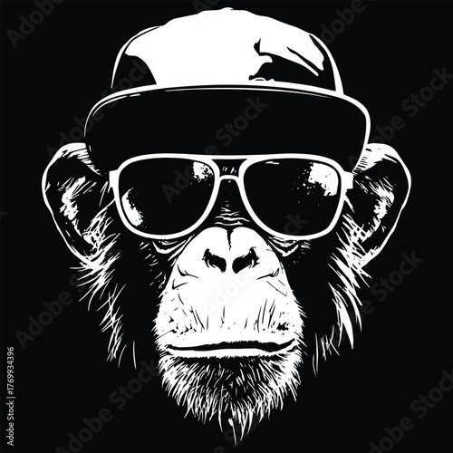 Cool monkey face with baseball cap and sunglasses, hip hop streetwear vector illustration on black.