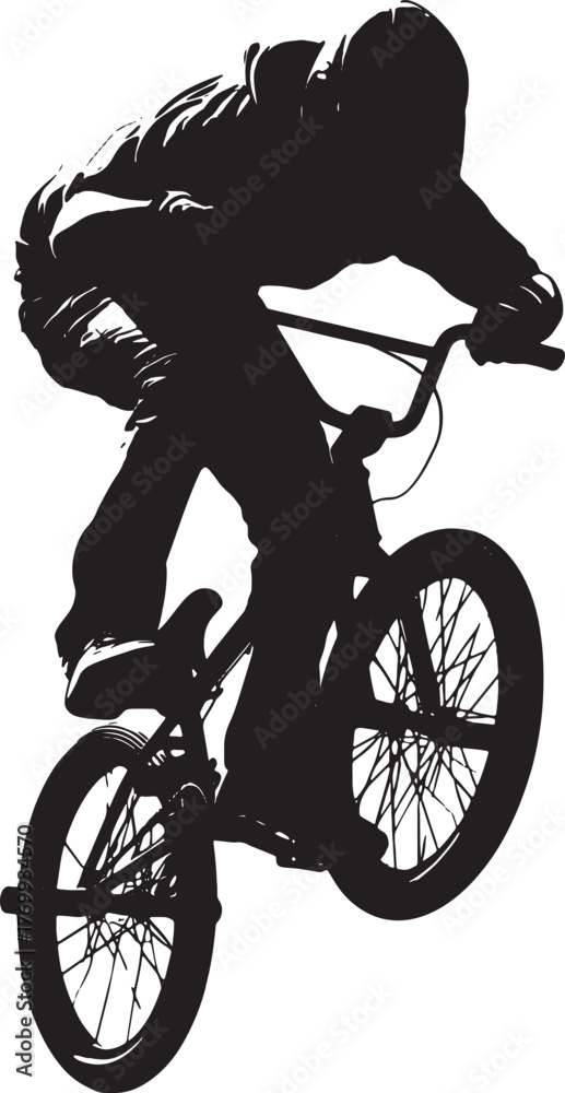 Fototapeta premium BMX cyclist silhouette performing jump trick on bike, extreme sports rider isolated on white background.