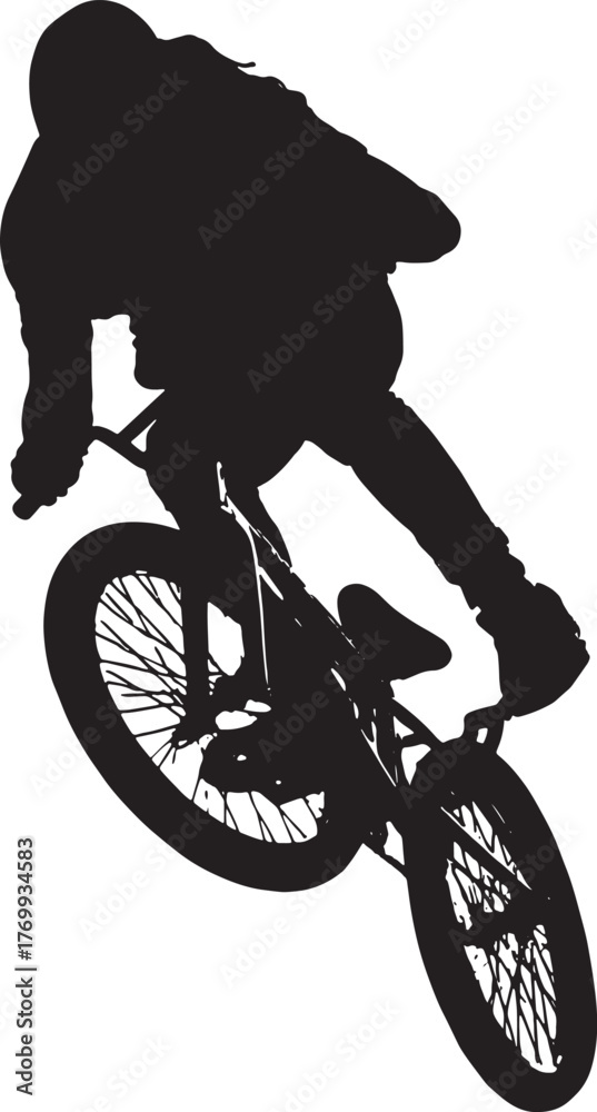 Naklejka premium BMX cyclist silhouette performing jump trick on bike, extreme sports rider isolated on white background.