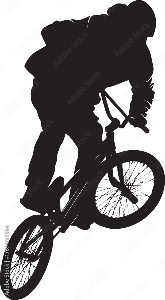 Fototapeta premium BMX cyclist silhouette performing jump trick on bike, extreme sports rider isolated on white background.