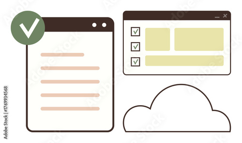Browser windows with lists, checkboxes, and cloud icon emphasize task management, collaboration, and cloud storage. Ideal for productivity, workflow, organization, planning remote work efficiency