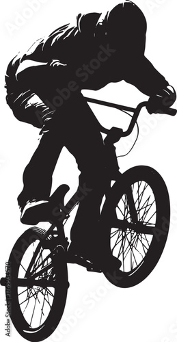 BMX cyclist silhouette performing jump trick on bike, extreme sports rider isolated on white background.