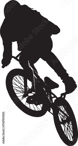 BMX cyclist silhouette performing jump trick on bike, extreme sports rider isolated on white background.