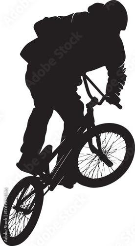 BMX cyclist silhouette performing jump trick on bike, extreme sports rider isolated on white background.