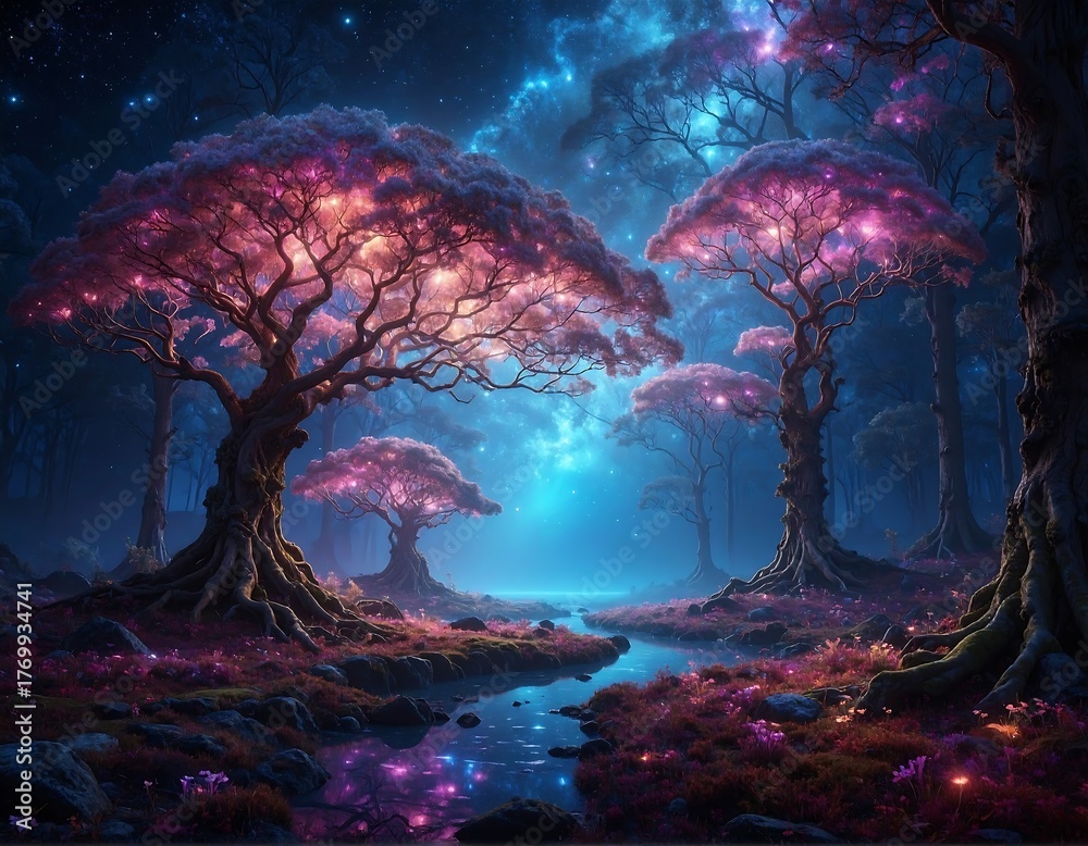 Fototapeta premium Ethereal forest scene, dreamy pink-purple trees by a flowing creek