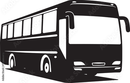 Modern bus silhouette, public transportation vehicle icon, tour coach graphic isolated on white.