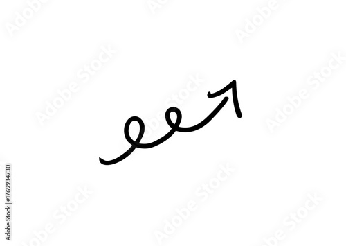 A black, hand-drawn arrow with a spiral body pointing diagonally upward, symbolizing growth, progress, or an energetic ascent.