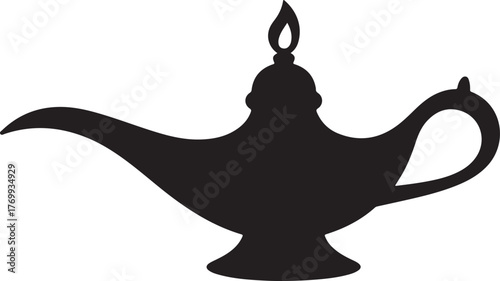 Black silhouette illustration of a genie lamp with a flame magic lamp oil lamp