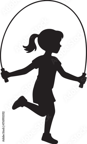 Black silhouette illustration of a young girl jumping rope with a ponytail child