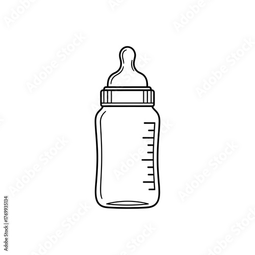 Outline Baby Feeding Bottle Icon. Simple line art drawing of a milk or formula bottle with a nipple and measurements. Concept of newborn and childcare.