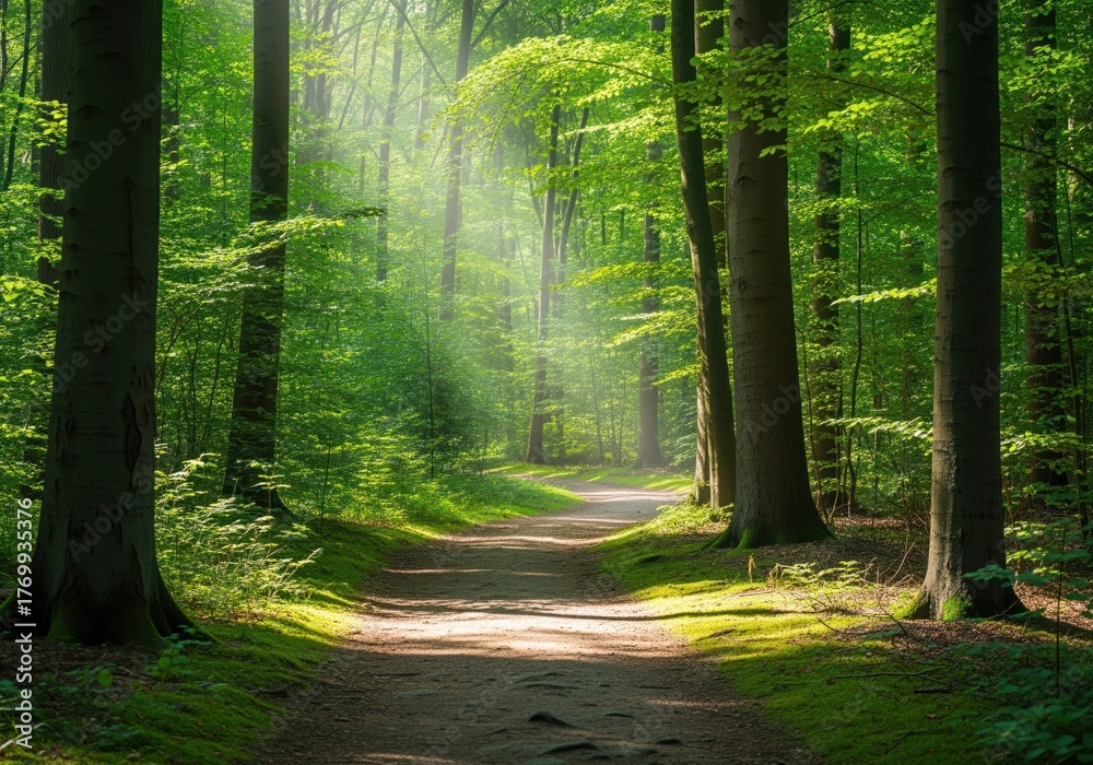 Fototapeta premium Sunlight filtering through lush green canopy onto a winding forest path and tree trunks.