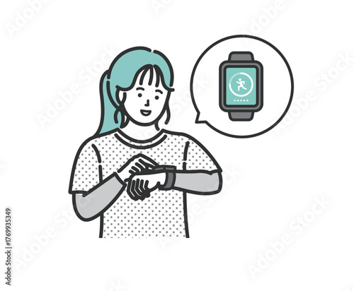 スマートウォッチで万歩計アプリを確認する女性