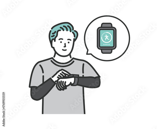 スマートウォッチで万歩計アプリを確認する男性