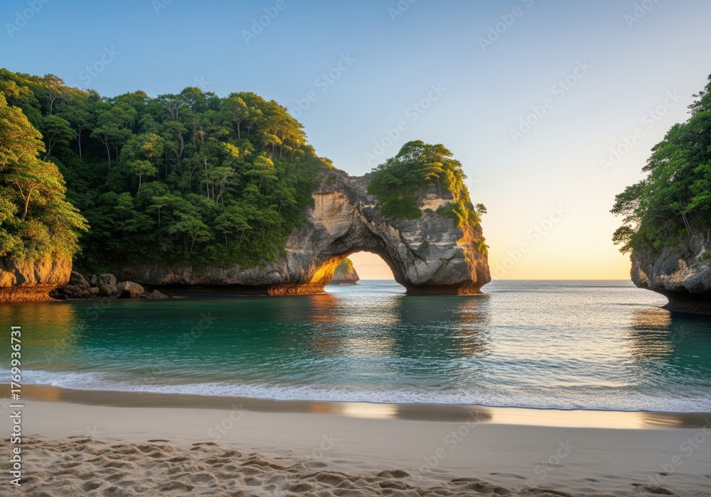 Obraz premium Natural sea arch rock formation in a pristine tropical bay with sandy beach and lush jungle.