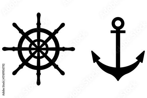 イカリと舵ハンドルのイラストセット