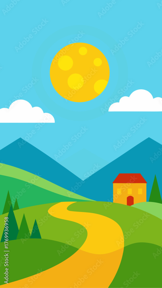 Fototapeta premium Stylized landscape with a winding road leading to a house under a bright sun and blue sky